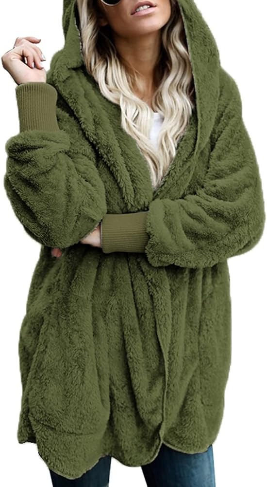 Dokotoo Womens 2024 Winter Long Sleeve Solid Fuzzy Fleece Open Front Hooded Cardigans Jacket Coat... | Amazon (US)