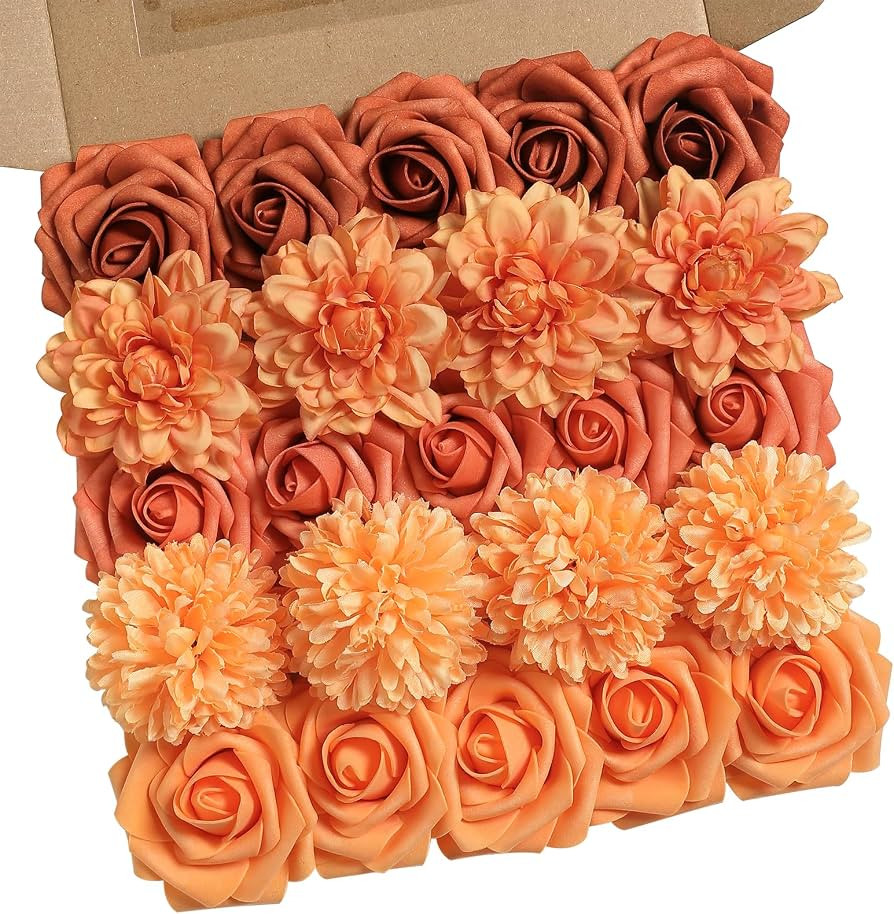 rongflower Fall Orange Artificial Flowers Combo Box Set Gradient Color Flower Leaf with Stems for... | Amazon (US)