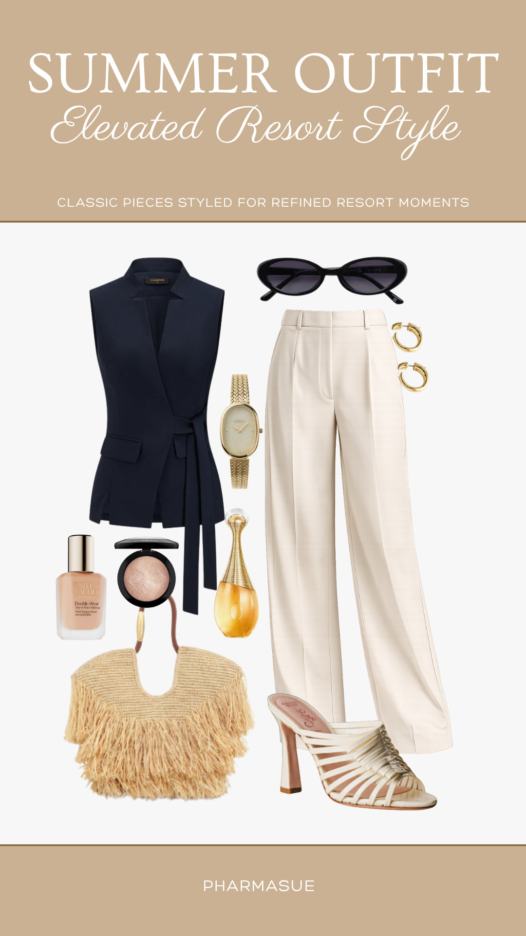 Elevated resort style, but make it timeless ✨

A tailored navy vest paired with ivory trousers creates the perfect balance of sophistication and effortless elegance. Finished with woven textures, gold accessories, and classic heels for a polished vacation-ready look.

Saving this one for dinners, rooftop cocktails, and resort evenings. 🤍

Everything linked here 

 #LTKootd #LTKSeasonal #LTKTravel