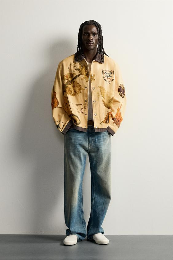 Zara - Contrast Print Relaxed-Fit Jacket - Mustard - L - Man | Zara US