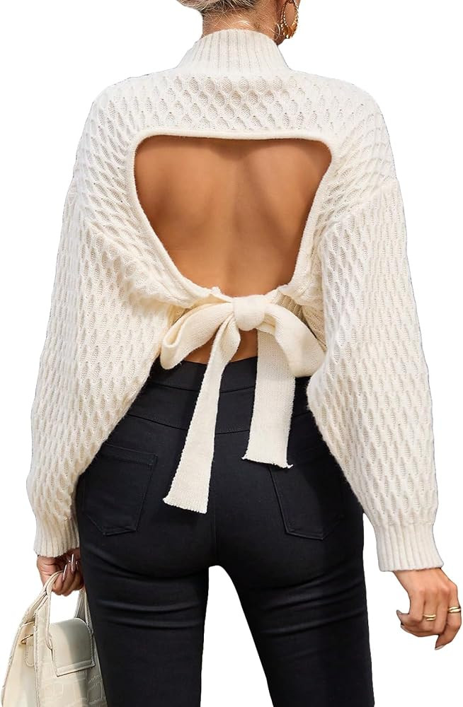GORGLITTER Women's Open Tie Back Crop Sweater Top Mock Neck Cut Out Long Sleeve Drop Shoulder Pul... | Amazon (US)