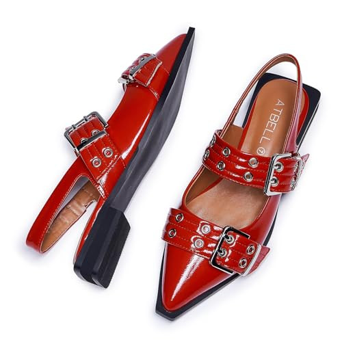 ATBELL Women's Buckle Flats Wide Welt Buckled Slingback Flat Oversize Eyelets Ballerina Shoes Casual Dressy Low Heels Red Size 8.5 | Amazon (US)