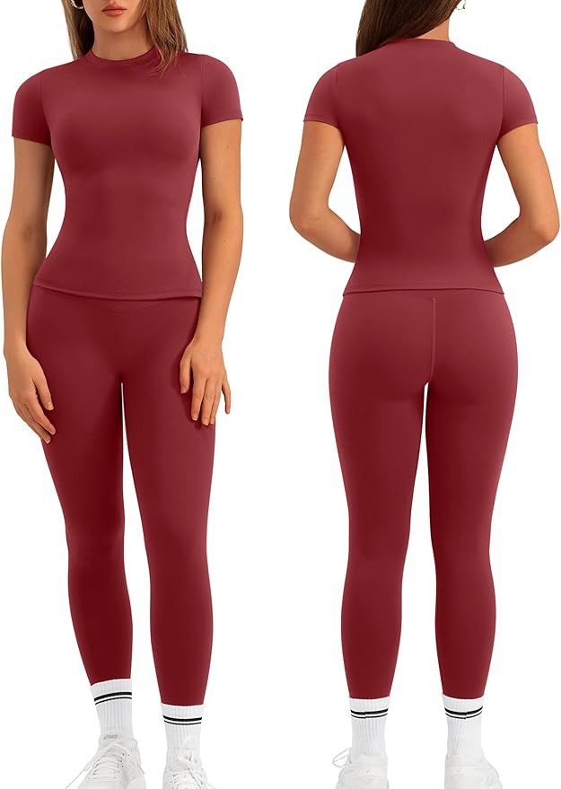 Relety Womens Two Piece Workout Sets Slim Fit Short Sleeve Shirt High Waist Leggings Yoga Outfits... | Amazon (US)
