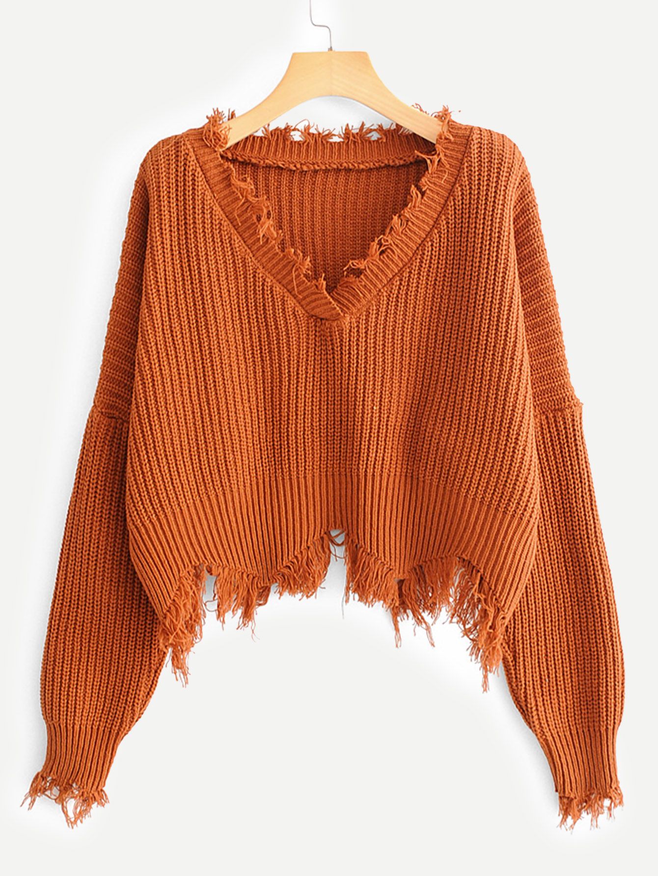 Frayed Trim Drop Shoulder Sweater | SHEIN