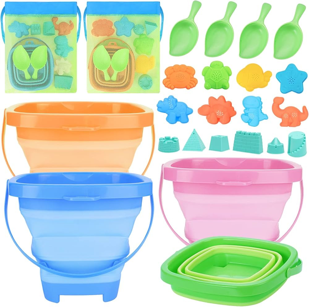 4 Packs Foldable Beach Buckets Set, Collapsible Bucket with Sand Shovels and Mesh Bag for Kids To... | Amazon (US)