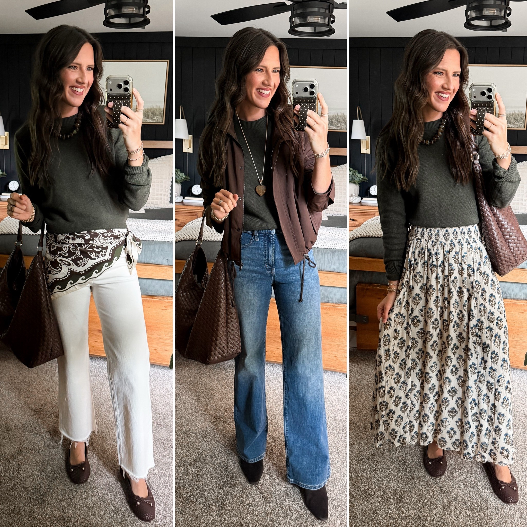 Fall Capsule Wardrobe - Green Sweater 

Sweater (medium tall) 
Ivory jeans (27 long) 
Blue jeans (27 long) 
Brown jacket (sized up to large)
Skirt (small)