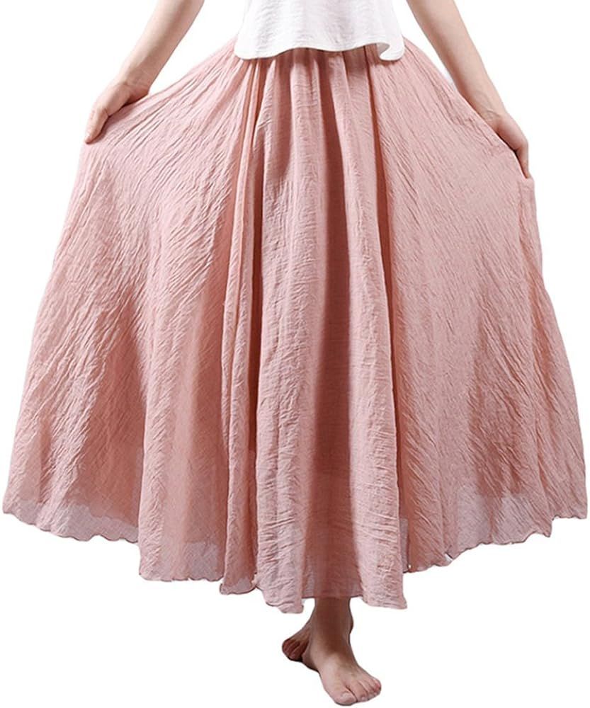 Asher Women's Bohemian Style Elastic Waist Band Cotton Linen Long Maxi Skirt Dress Waist 23.0"-35... | Amazon (US)