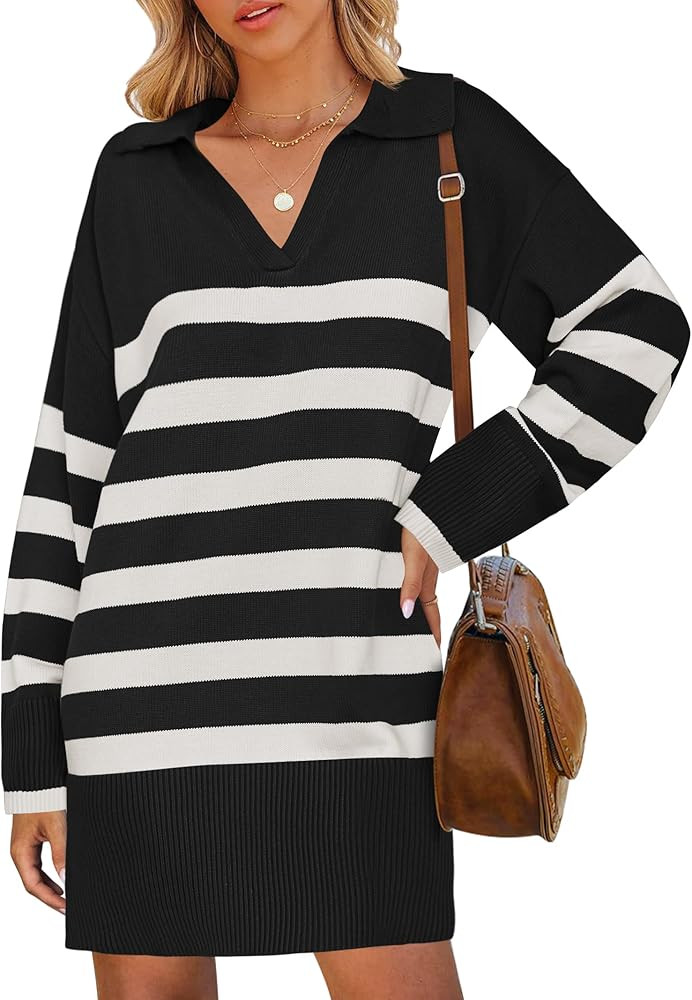 ZESICA Women's Striped Sweater Dress 2024 Fall Long Sleeve V Neck Collar Loose Knit Mini Dresses | Amazon (US)