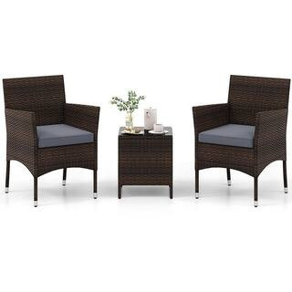 3 PCS Outdoor Conversation Set w/ Cushioned Seat & Tempered Glass Tabletop Gray | The Home Depot