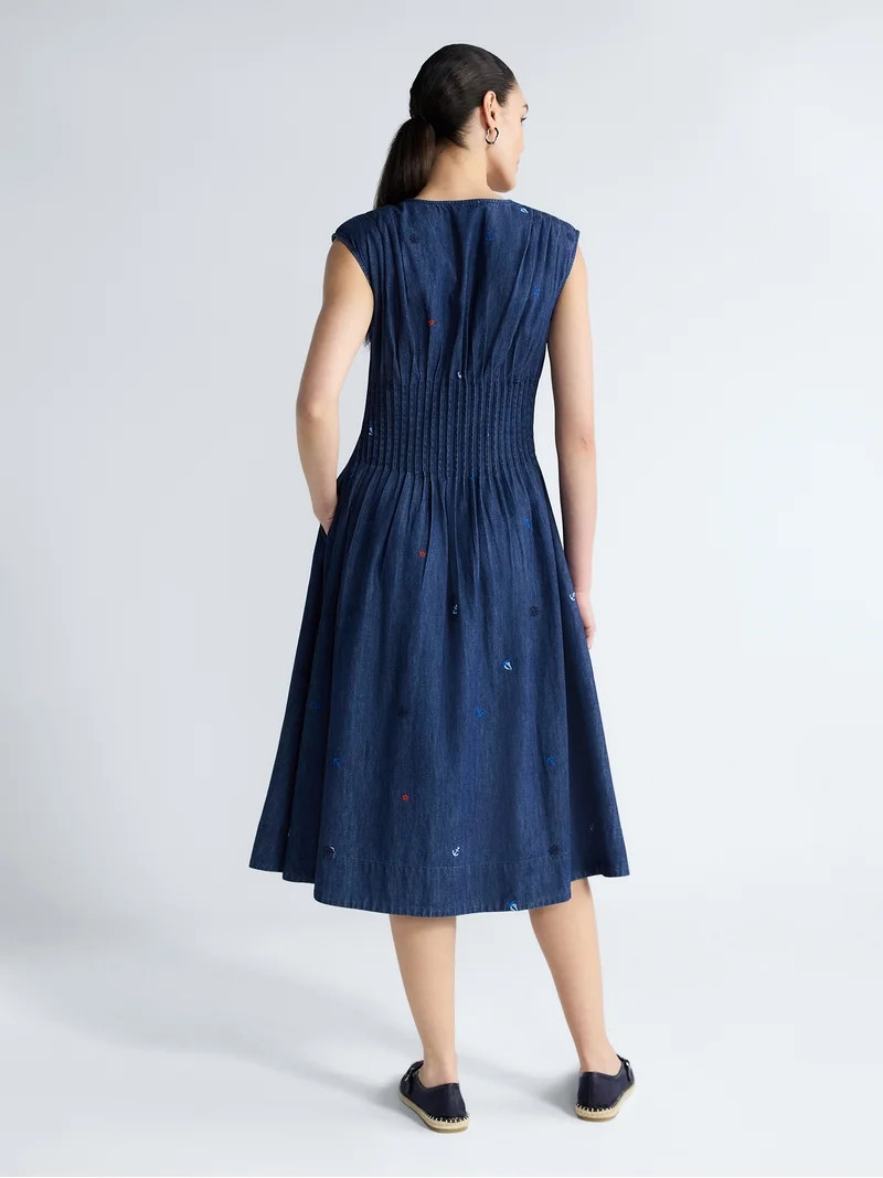 Free Assembly Women's Sleeveless Embroidered Denim V-Neck Midi Dress, Sizes XS-4X | Walmart (US)
