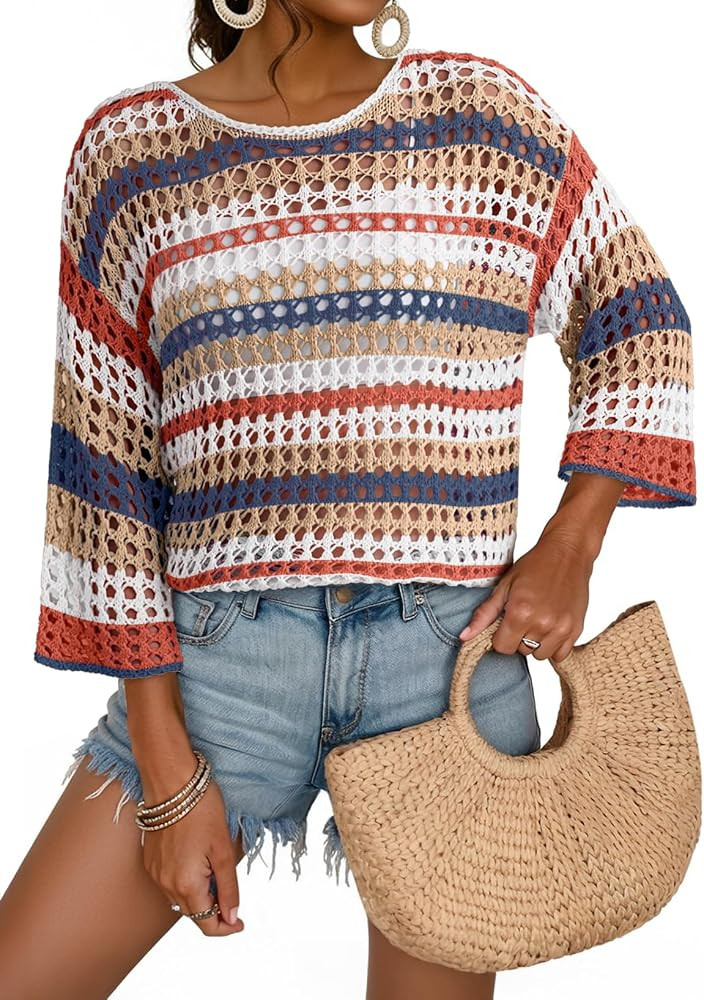 Dokotoo Womens Summer Fall 3/4 Sleeve Crochet Sweater Hollow Out Color Block Striped Tops Casual ... | Amazon (US)