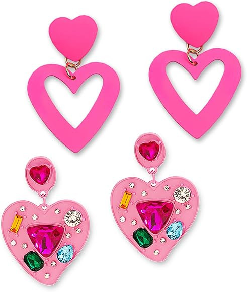Hot Pink Earrings Dangling Heart Drop For Women Rhinestone Sparkly Crystal Geometric Drop Stateme... | Amazon (US)