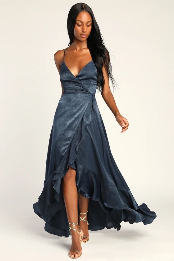 In Love Forever Navy Blue Satin Lace-Up High-Low Maxi Dress | Lulus (US)