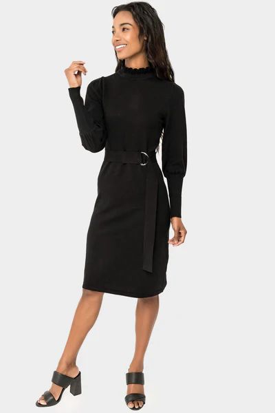 Ruffled Neck Belted Sweater Dress | Gibson