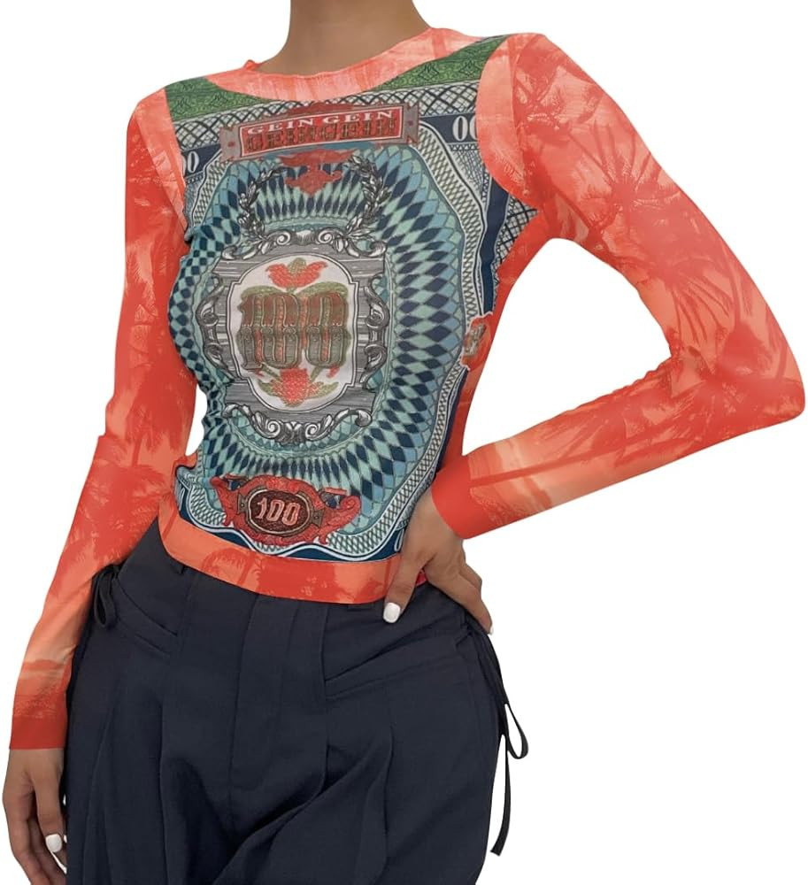 Women Mesh Printed Crop Top Shirt Long-Sleeved Slim Cool T-Shirts Modern Punk Street Tops | Amazon (US)