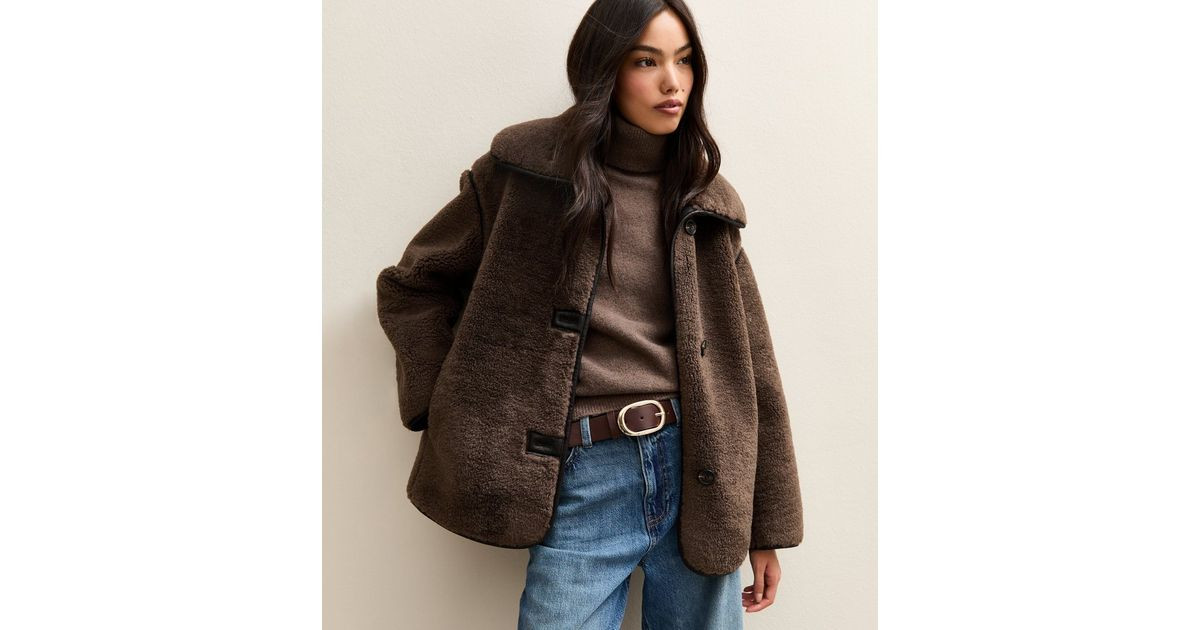 Dark Brown Faux Fur Borg Bonded Jacket | New Look | New Look (UK)
