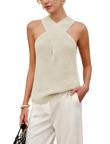 Yeokou Women Halter Cross Over Collar Tank Knit Sleeveless Top Solid Color Casual Summer Blouse | Amazon (US)