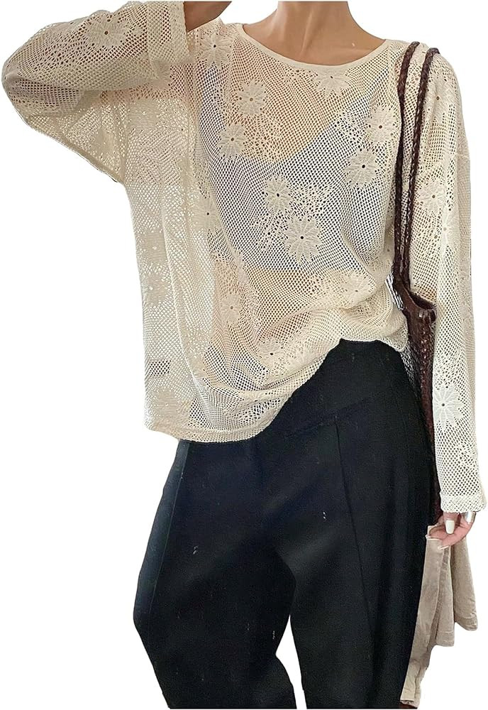 GORGLITTER Women's Sheer Long Sleeve Top Drop Mesh See Through Top Shirts Boat Neck Solid Tee | Amazon (US)