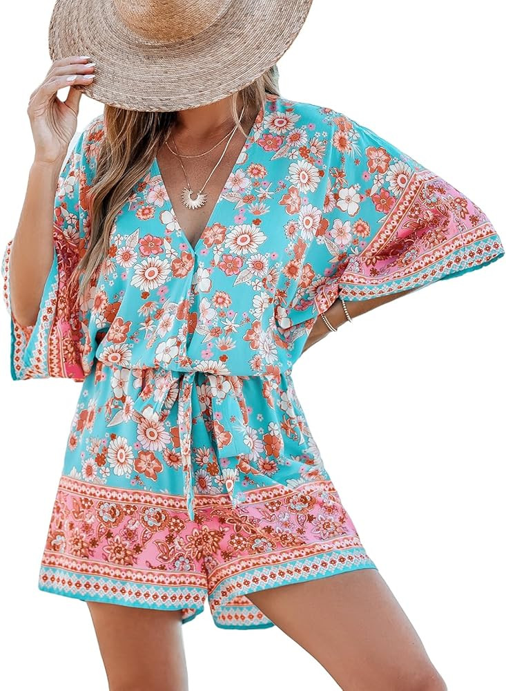 CUPSHE Women's Summer Romper Lace Up Printed Half Sleeves Casual Wide leg Vacation Outfit Mini On... | Amazon (US)