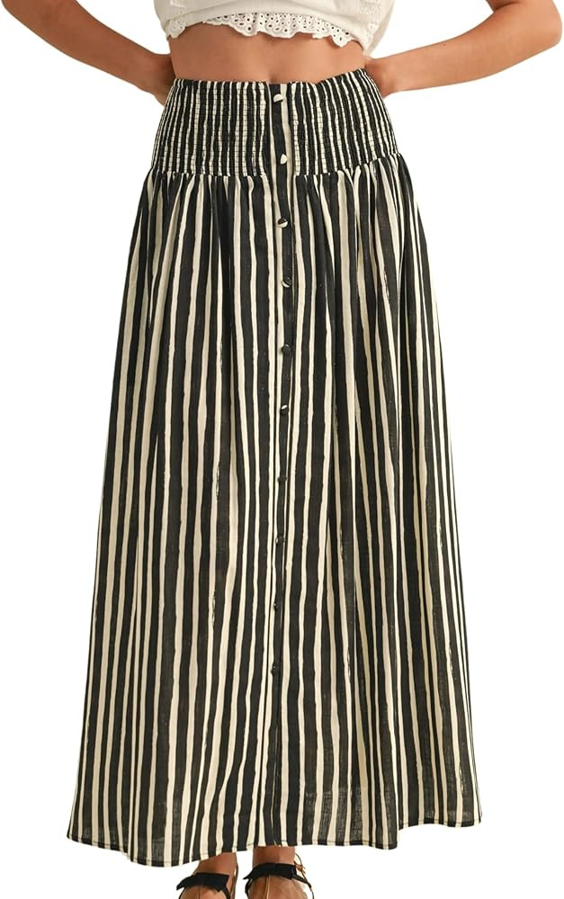 InterNos Womens Striped Maxi Skirt Trendy Front Buttons Elastic Waistband A-Line Boho Long Skirt ... | Amazon (US)
