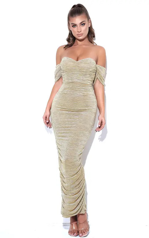 Miss Circle Gene Ruched Off Shoulder Chiffon Dress in Gold at Nordstrom, Size X-Large | Nordstrom