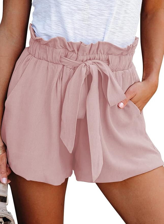 Dokotoo Womens Casual Summer Ruffle Belted Elastic Waist Shorts with Pockets | Amazon (US)