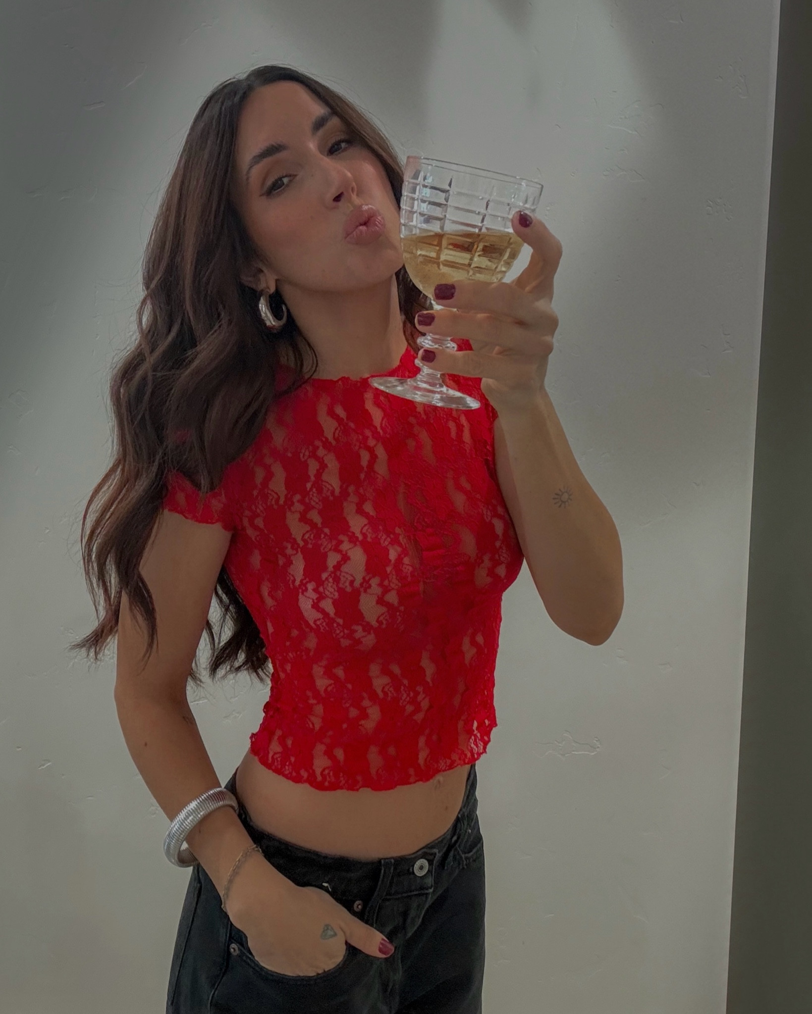 Red lace top. Girls night out  

#LTKFindsUnder100