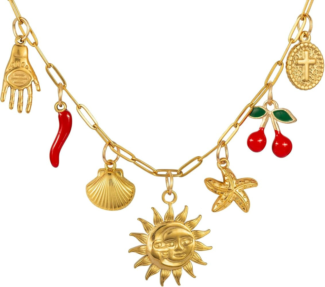 Charm Necklace for Women, 14K Gold Sun and Moon Coin Cross Cherry Charm Necklace, Dainty Summer B... | Amazon (US)