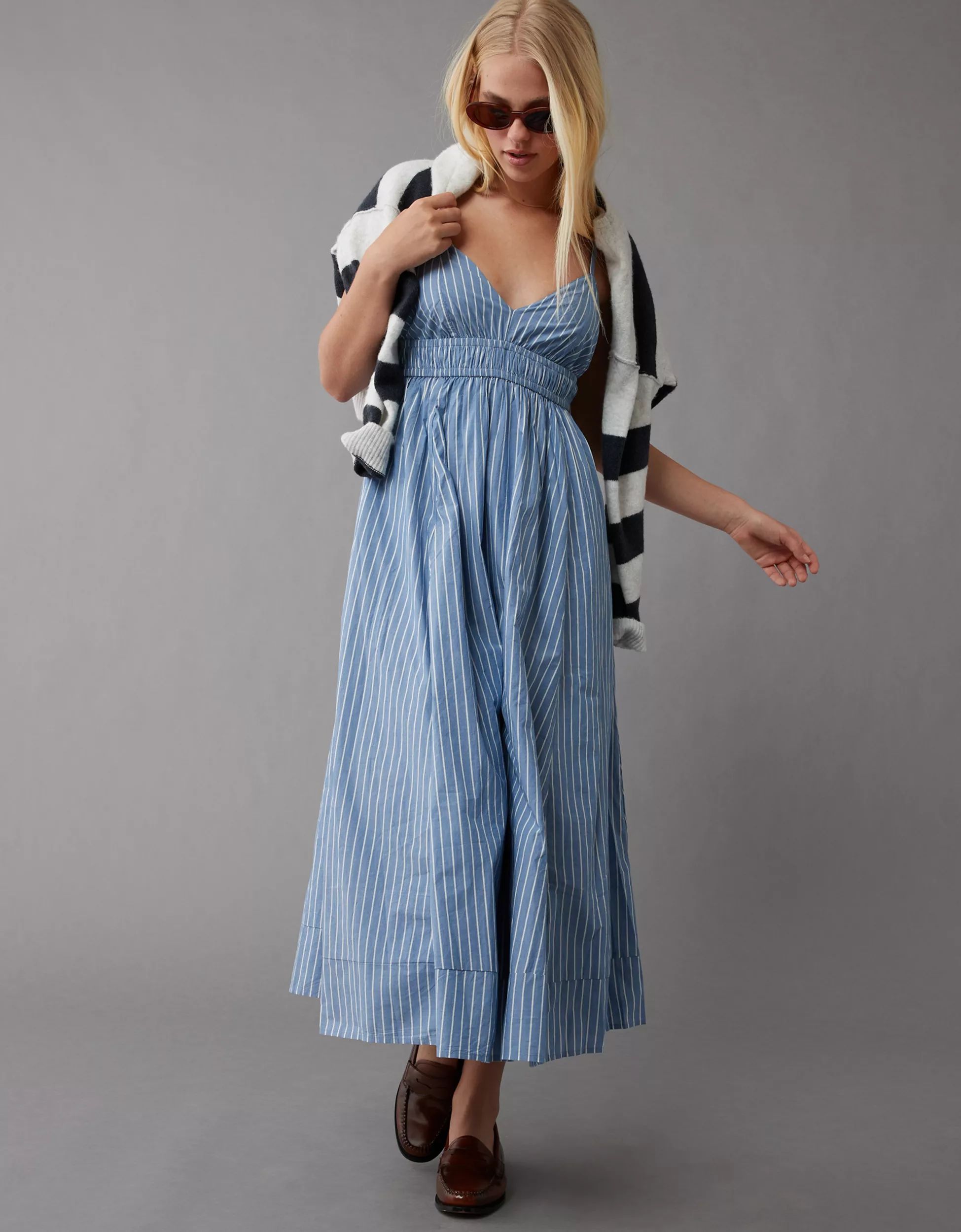 AE Poplin V-Neck Midi Dress | American Eagle Outfitters (US & CA)