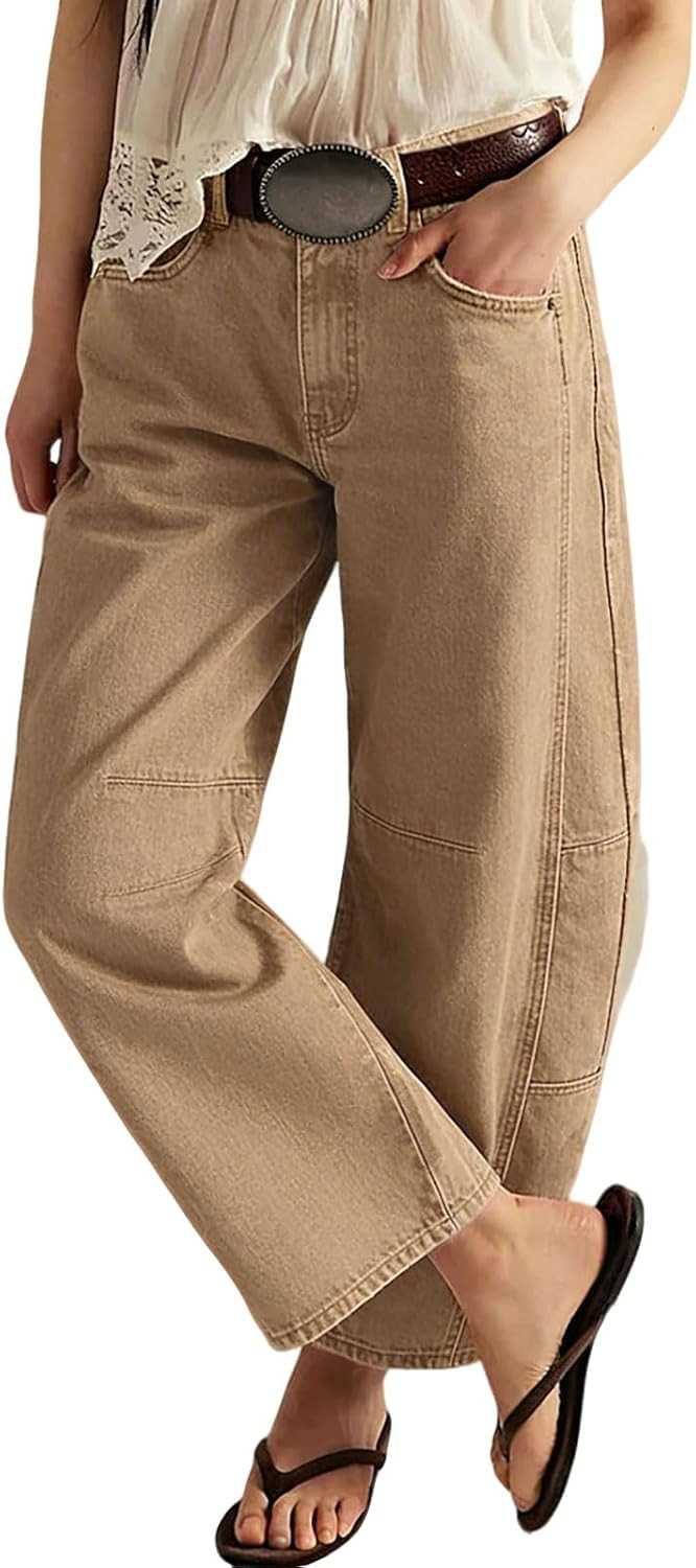 loveimgs Women Casual Wide Leg Mid Rise Jeans Baggy Barrel Jeans Denim Pull On Pants Sweatpants Y2k Boyfriend Boho Ankle Pant | Amazon (US)