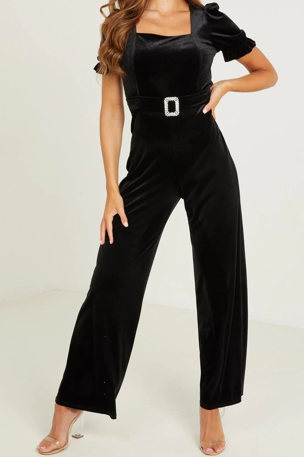 Quiz Women's Velvet Puff Sleeve Buckle Detail Palazzo Jumpsuit Dress in Black 2 Lord & Taylor | Lord & Taylor
