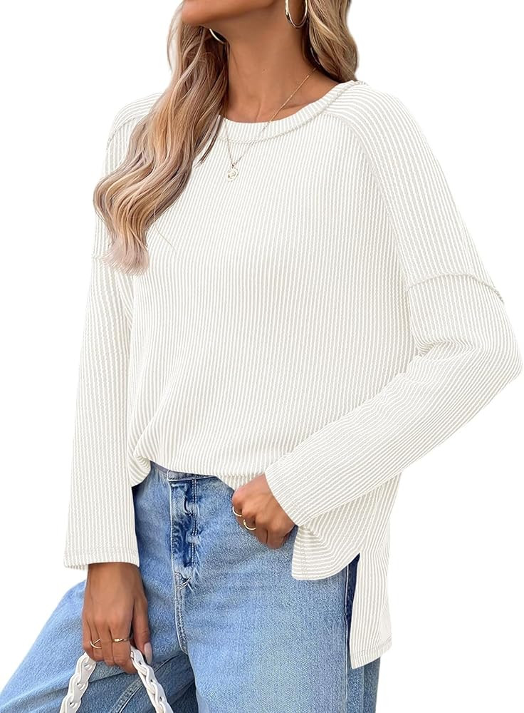 Tankaneo Womens Long Sleeve Shirts Oversized Fall Ribbed Side Slit Tunic Tops Casual Textured Loo... | Amazon (US)