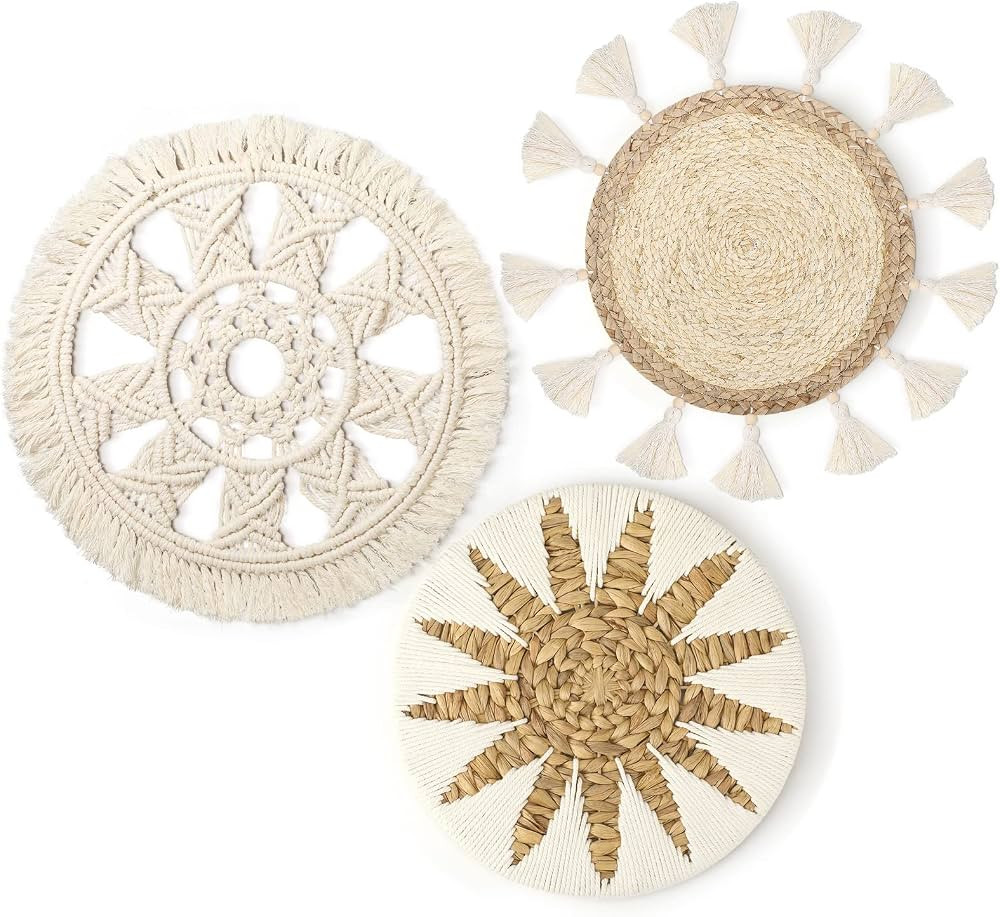 Unittype 3 Pcs Boho Wall Basket Decor Rattan Wall Hanging Decor Flat Round Wicker Tapestry Woven ... | Amazon (US)