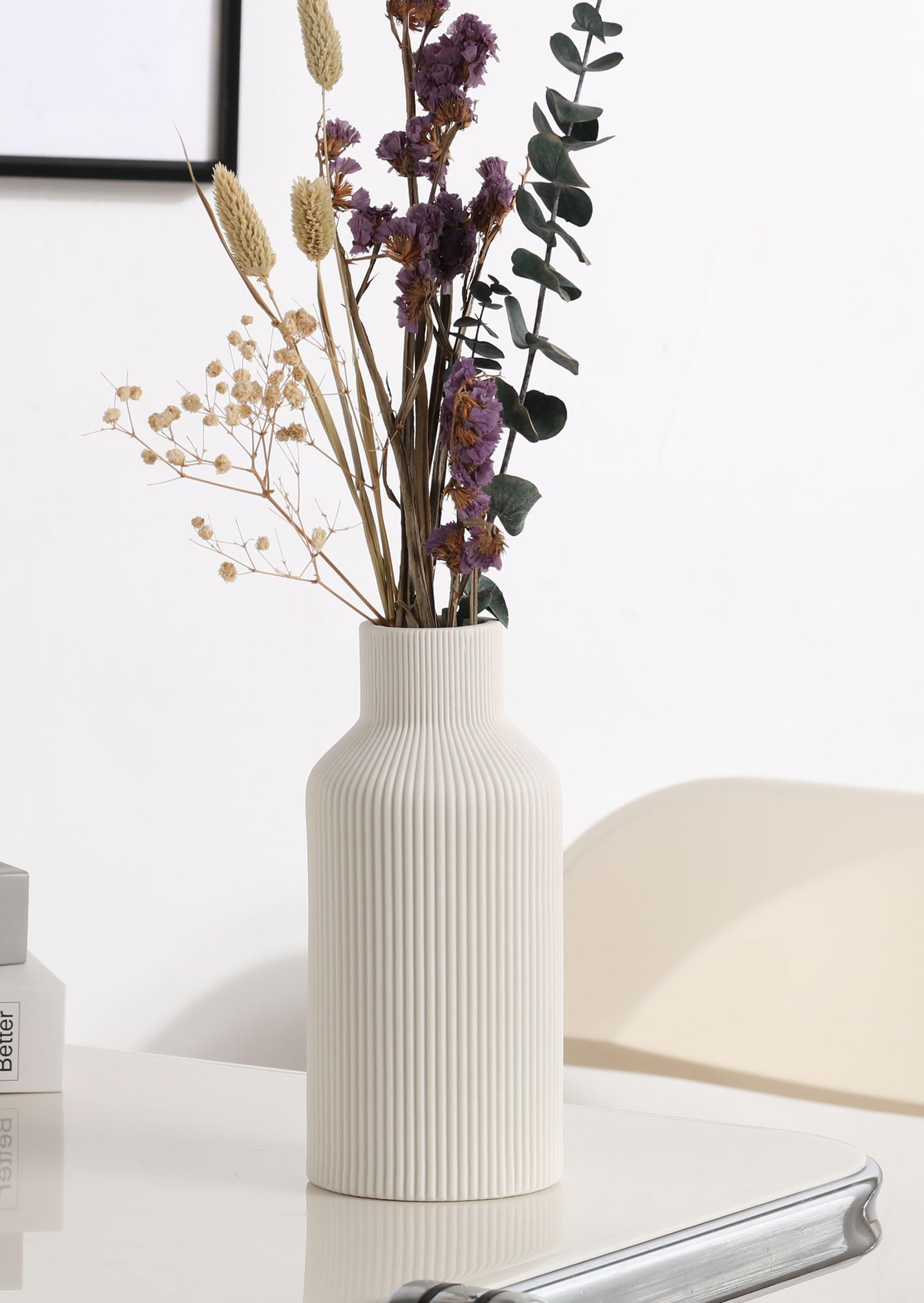 White Ceramic Flower Vase, Minimalist Modern Home Decor, Small Pampas Grass Vases for Table, Shelf Bookshelf, Mantel, Entryway and Centerpieces (8 in) | Amazon (US)