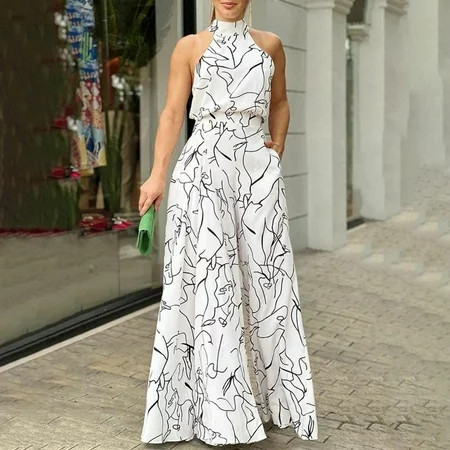 Zunfeo Women s Jumpsuit- Relaxed Fit High Waist Sexy Halterneck Jumpsuit Wide-Leg Printed Fashion Slim Suit Pants Pants White | Walmart (US)