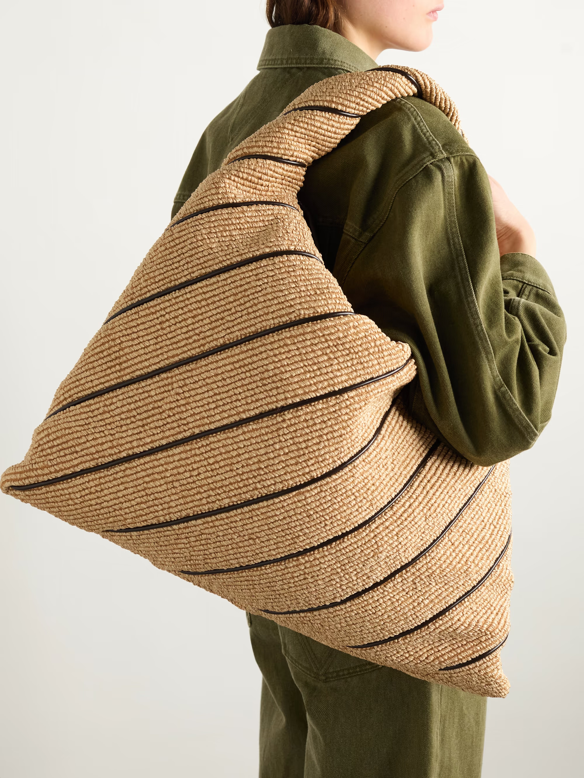 Large striped leather-trimmed raffia tote | NET-A-PORTER (US)