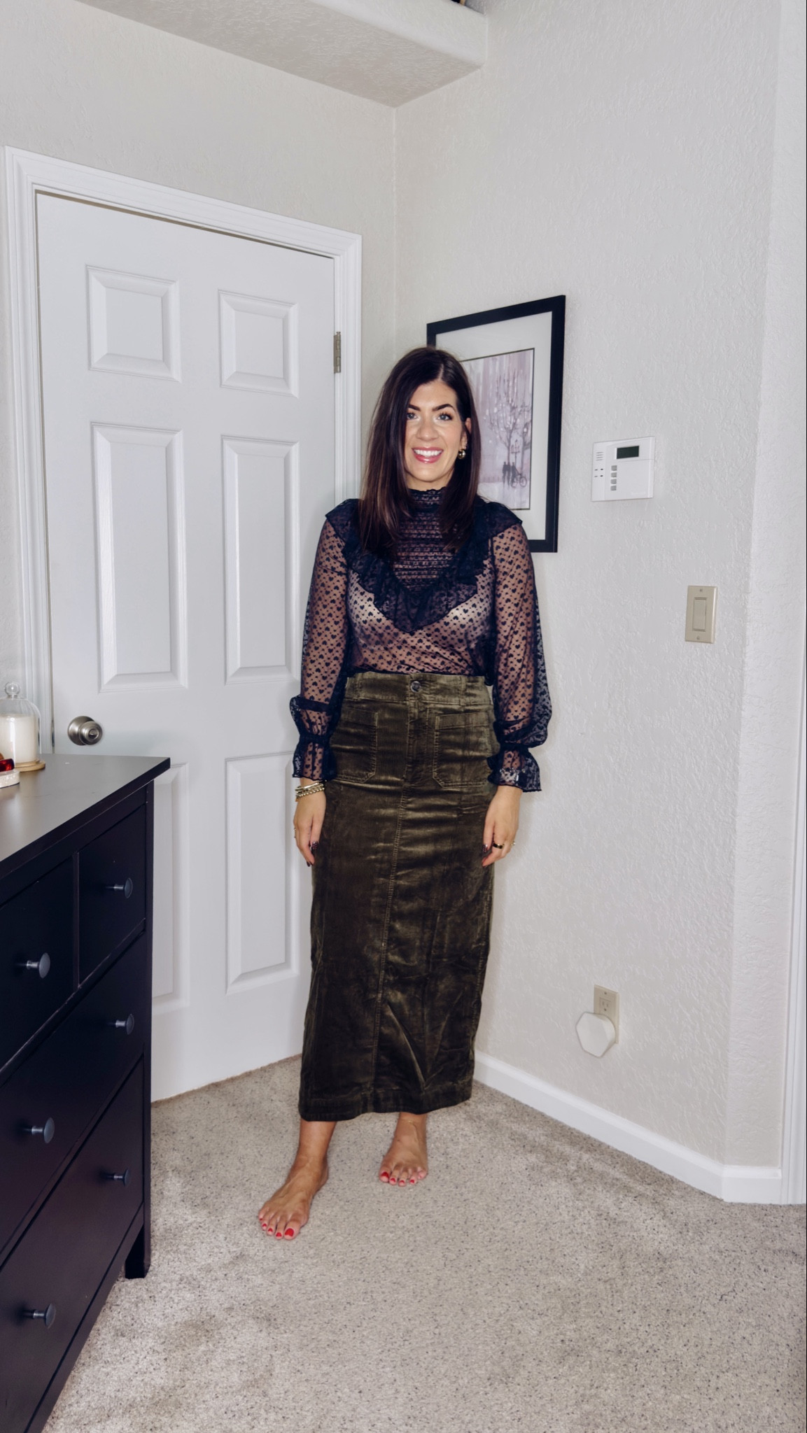 Anthro try on
In a small oversized sheer top 
In a medium corduroy skirt 

#LTKMidsize #LTKOver40