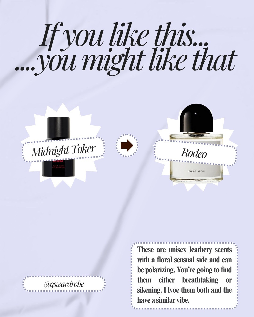 Learning to trust my nose and let it guide me to what smells alike to me. They may not smell similar to you or be a similar “vibe” but I want to curate collections that I can share with people of fragrances I think are similar. 

Let me know in the comment section if you have any that fall into these categories.

As always fragrances will be linked on my LTK which is in my bio if you want to purchase them 🫶🏾. It helps support creators like me. Thanks for your support as always. 

I’ve seen info that Rodeo is coming back in 2025 but for now it is discontinued and can only be purchased by decant websites. #LTKStyleTip 

#LTKBeauty #LTKMens