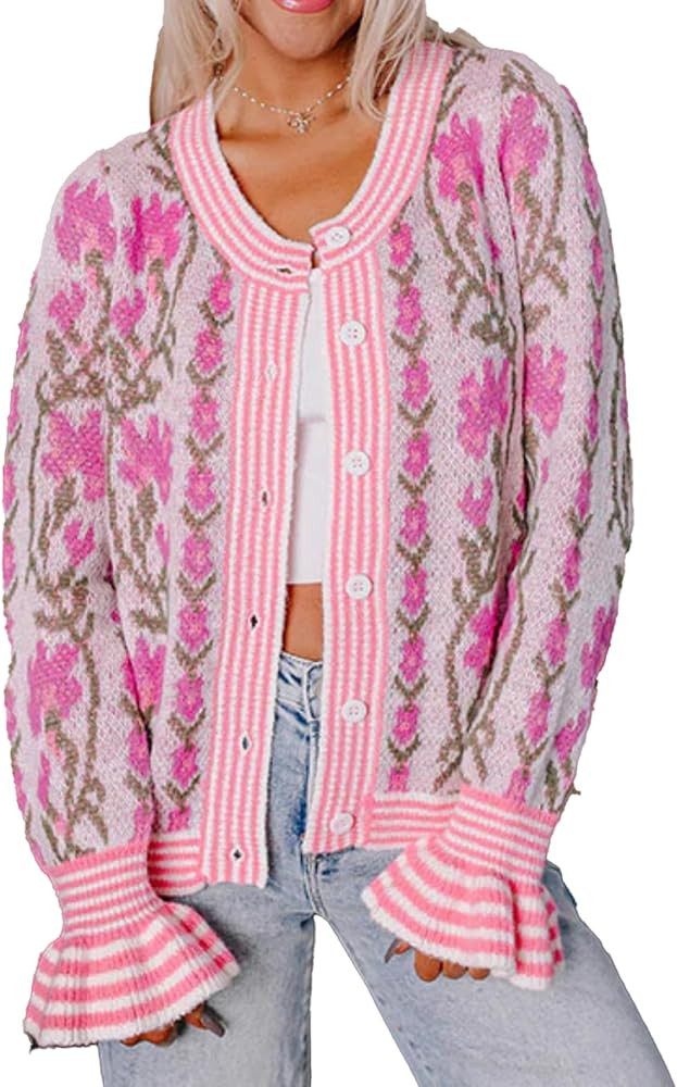 Womens Floral Print Crew Neck Cardigan Open Front Button Down Knit Sweater Long Sleeve Loose Fash... | Amazon (US)