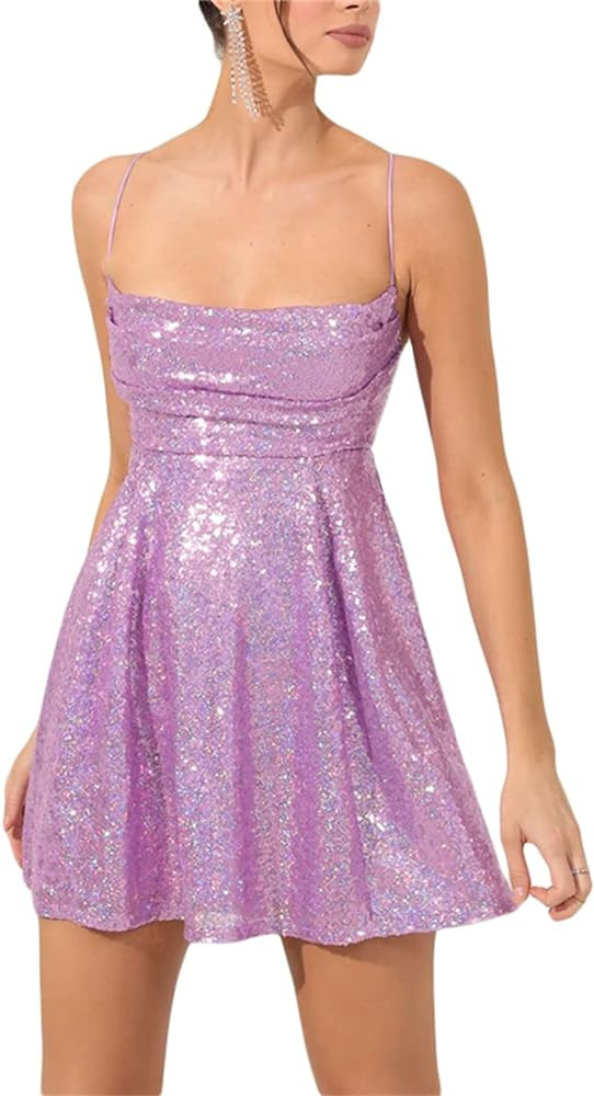 Women Sparkle Sequin Mini Dress Spaghetti Strap Backless Glitter Dress Low Cut Slim Fit Bodycon D... | Amazon (US)