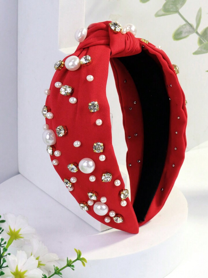 Royal 1pc Women's Wide Cloth Pearl Fashion Rhinestone Headband, Simple Solid Color Vintage Hair A... | SHEIN