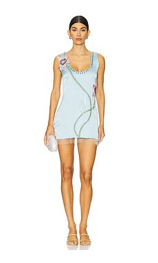 Oceanus Darcy V-Neck Satin Beaded Mini Dress in Blue from Revolve.com | Revolve Clothing (Global)