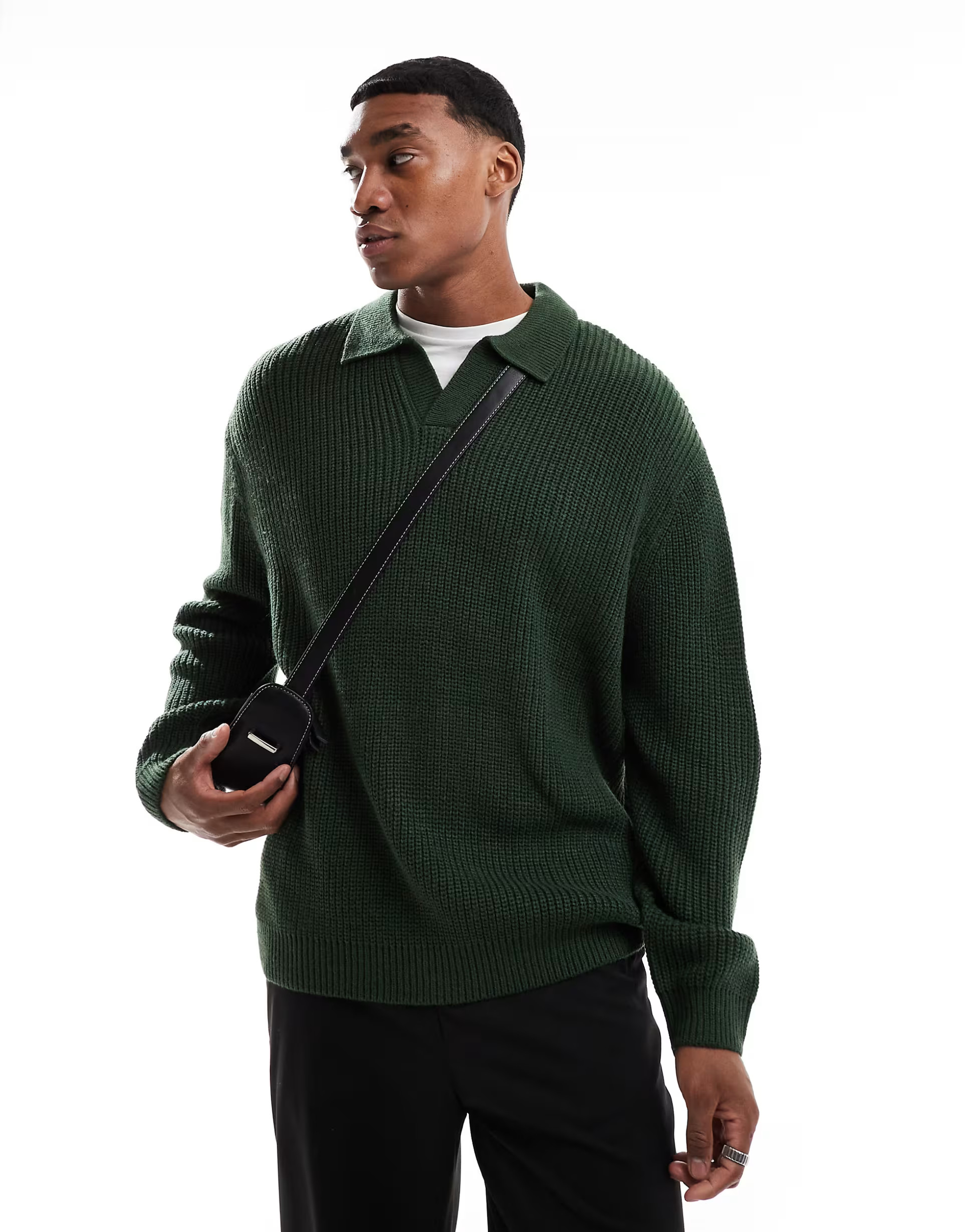 ASOS DESIGN oversized knit fisherman rib notch neck sweater in dark green | ASOS | ASOS (Global)