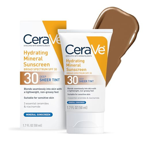 CeraVe Hydrating Mineral Sunscreen SPF 30 with Sheer Tint, Tinted Mineral Sunscreen with Zinc Oxide & Titanium Dioxide, Blends Seamlessly For Healthy Glow, Deep, 1.7 Oz | Amazon (US)