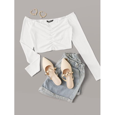 White Women s Ruched Detail Bardot Crop Top Sexy XS(2) L043D | Walmart (US)