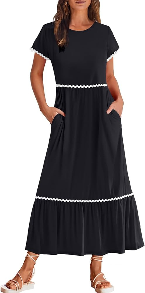 MEROKEETY Women's Summer Cap Sleeve Maxi Dresses Casual Crew Neck Flowy Tiered Beach Dress with P... | Amazon (US)