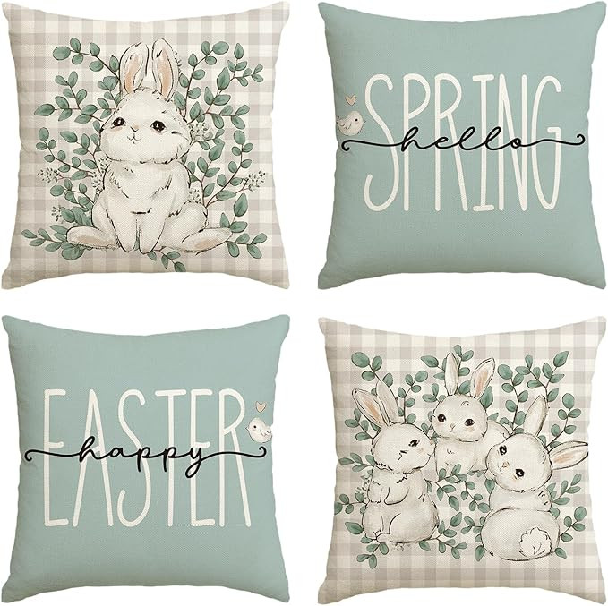 AVOIN colorlife Happy Easter Buffalo Plaid Rabbit Throw Pillow Cover, 18 x 18 Inch Eucalyptus Lea... | Amazon (US)