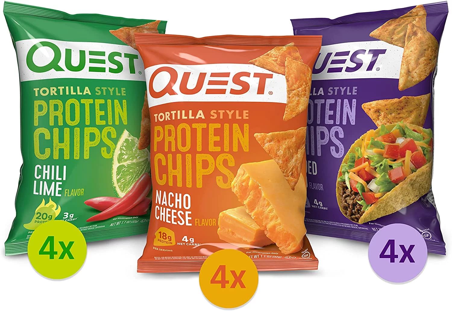 Quest Tortilla Style Protein Chips Variety Pack, Chili Lime, Nacho Cheese, Loaded Taco, 12 Count ... | Walmart (US)