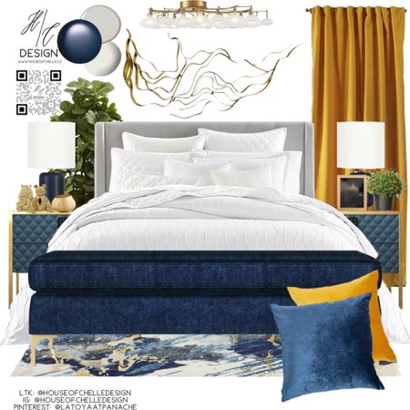 Navy and Gold Modern Bedroom Decor | bedroom home decor | bedroom moodboard | bedroom concept board | bed, nightstand, bed bench, rug, side tables, side chair, nightstand lamps, table lamps, chandelier, ceiling fan, ceiling light, floor lamp, faux plants, vases, mirror, artwork, pillows, bedding, curtains, window treatments, candle holders, modern home, modern home decor, glam home. #moodboard #bedroom

#LTKhome #LTKfamily #LTKsalealert