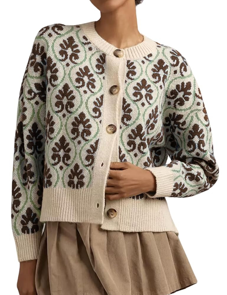 Women Floral Cardigan Sweater Open Front Long Sleeve Button Down Knit Sweater Vintage Outerwear | Amazon (US)